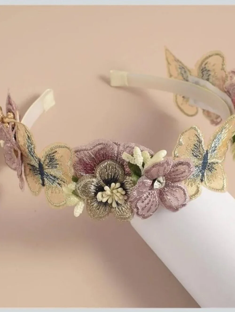 Handmade Cottagecore 3D Embroidered Butterfly Floral Lace Headband